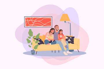 Family with kids at TV vector illustration. Happy man, woman, boy, girl sitting together on couch at home, watching movie. Young couple with children for house interior, entertainment, love concept