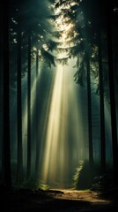 Sunlight peeks through a dense forest canopy, casting rays on a path