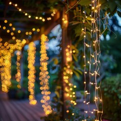 a set of curtain LED string lights hanging down to the ground and strung across the opening on a pergola in a UK garden in the early evening with lots of bokeh in the background 