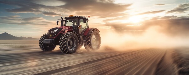 High-speed tractor racing and kicking up dust against a mountain backdrop