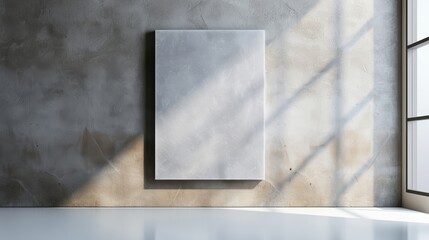Canvas painting in a rustic color scheme, mounted on a pristine white wall with top lighting, creating a serene contrast and focus on the artwork's details