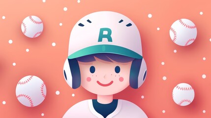 Cartoon baseball trading card, flat design, top view, vibrant colors, featuring player stats and team logo, stylish and modern