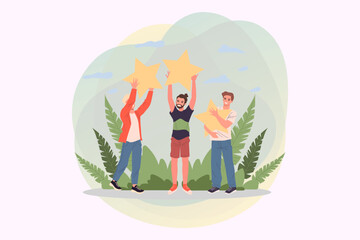 Happy people holding stars over their hands vector illustration. Satisfied customers rating services quality with review stars. Clients giving feedback for marketing survey, customer choice award