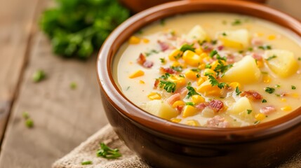 Close-up of a bowl of bacon potato and corn chowder, vibrant colors, creamy texture, sprinkled with fresh herbs, rustic wooden background, capturing the essence of homemade comfort food