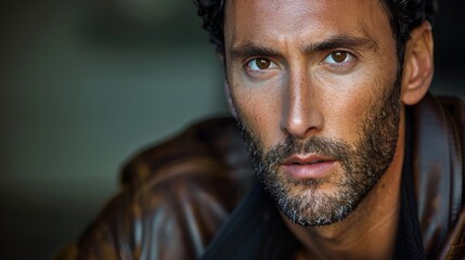Obraz premium Portrait of a handsome man with a beard in a leather jacket