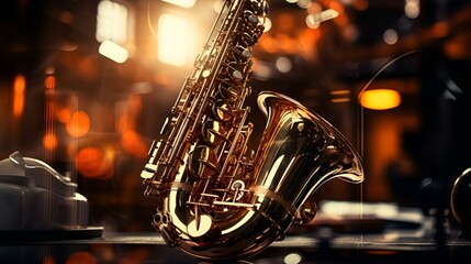 A saxophone resting on a table beside a glass of wine, creating a harmonious ambiance.