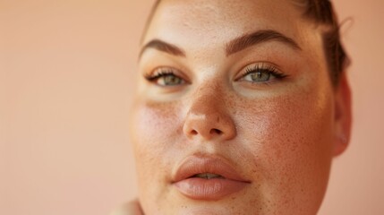 Obraz premium A close-up portrait of a person with rosy skin full lips and striking green eyes set against a soft pink background.