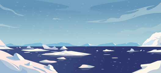 Icebergs floating in the sea with snow-covered mountains in the background. Light blue sky with scattered clouds. Concept of a cold, polar region. Vector illustration © GN.STUDIO