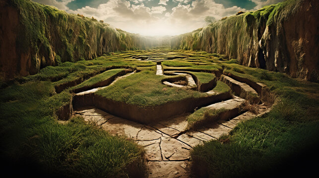 Surreal labyrinth concept with magic maze and ancient pathway.