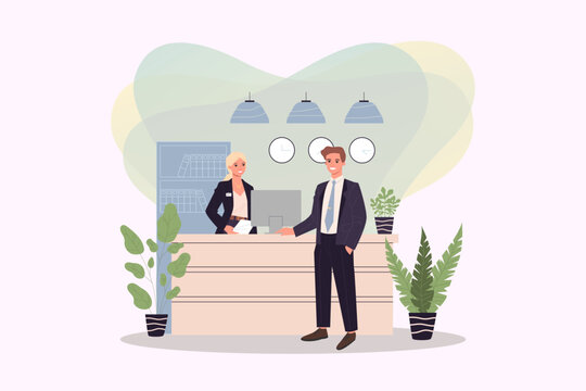 Office reception interior vector illustration. Male customer talking to female receptionist at counter in hallway. Office, hotel concept