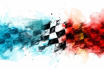 Vibrant surreal pop art racing flag in metallic style on a captivating colorful blurry background
