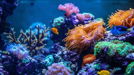 Obraz premium Vibrant coral reef teeming with life, showcasing colorful fish and diverse marine flora.