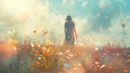 Dreamy image of a woman walking through a field of wildflowers