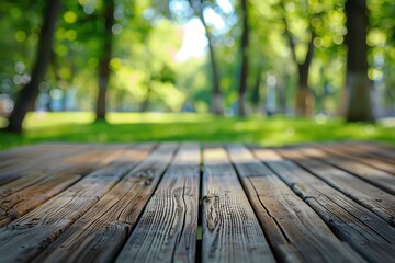 Fototapeta premium Wooden planks in the foreground with a blurred background of a lush green park.