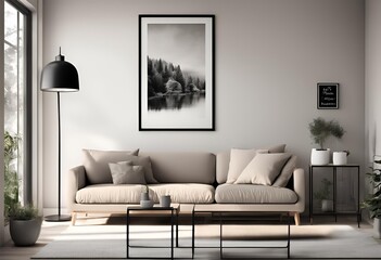 "Frame mock up in ISO A paper size, living room wall poster mock up, modern interior design with house background, 3D render for stylish home decor."