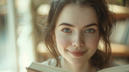 Fototapeta premium Young woman with radiant smile captivating eyes and soft brown hair immersed in a book exuding a sense of tranquility and intellectual curiosity.