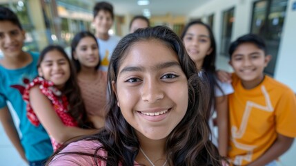 Fototapeta premium A group of young people posing for a selfie smiling and looking directly at the camera with a blurred background suggesting an indoor setting.