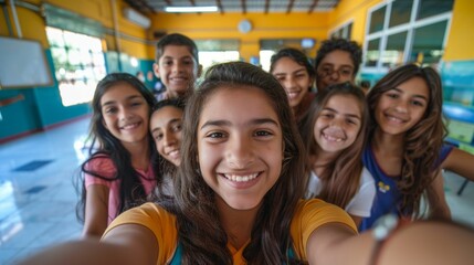A group of young children possibly students smiling and posing together for a selfie in a classroom setting.