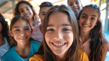 Fototapeta premium A group of young children smiling and posing for a selfie with one girl in the foreground looking directly at the camera.