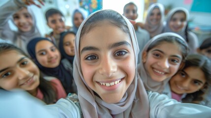 Fototapeta premium A group of young girls smiling and posing for a selfie with one girl in the foreground taking the photo.