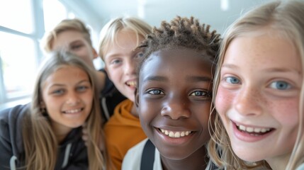 Fototapeta premium A group of five children with different hair colors and styles smiling and posing together for a photo.