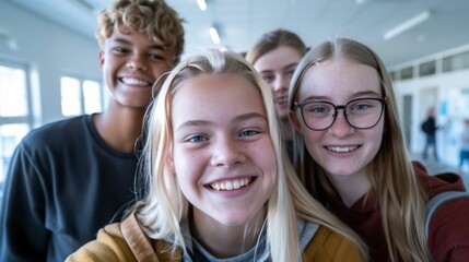 Obraz premium Three young individuals posing for a selfie smiling brightly with one wearing glasses in a brightly lit indoor space possibly a school or community center.