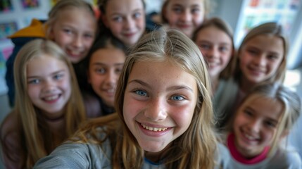 Obraz premium A group of young girls posing for a selfie smiling and looking directly at the camera with one girl in the foreground taking the photo.
