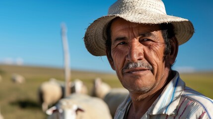 An elderly man with a straw hat standing amidst a flock of sheep in a pastoral setting with a clear sky.