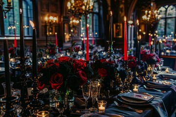Fototapeta premium Gothic Halloween Themed Wedding Reception with Elegant Black Roses and Candlelit Venue