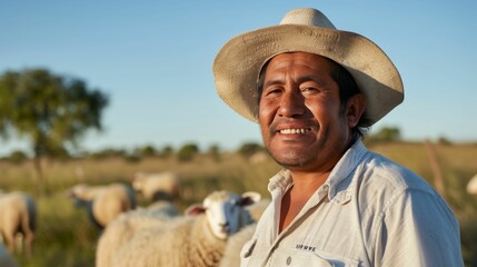 Fototapeta premium A smiling man in a straw hat standing amidst a flock of sheep in a grassy field with a clear blue sky in the background.