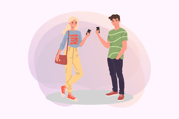 Young people using mobile phones vector illustration. Happy couple communicating via smartphones. Communication, technology, youth concept