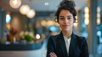 Obraz premium Young woman with curly hair wearing a black blazer and white shirt standing confidently with hands crossed in a modern well-lit interior with hanging lights and blurred background.