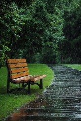 Fototapeta premium Template featuring rain-soaked park bench and pathway, isolated on a dark green background