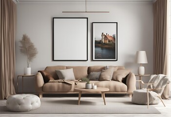 "Modern interior design: ISO A paper size frame mock up, living room wall poster mock up, 3D render with house background, perfect for showcasing stylish artwork."