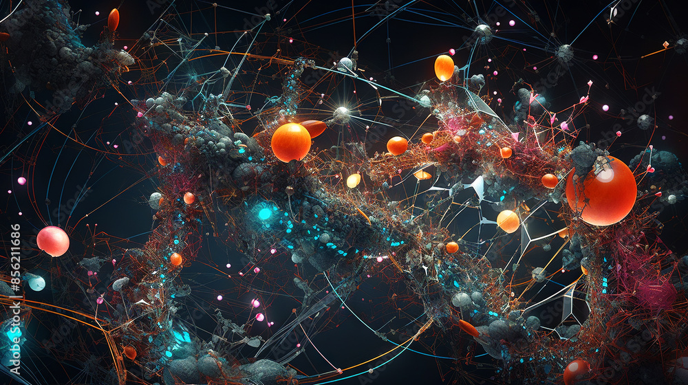 Poster Abstract scientific concept with connected cells and particles. Science microscopic background.