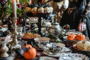 Fototapeta premium Vintage Halloween Tea Party with Elegant Decor and Festive Treats for a Spooky Celebration