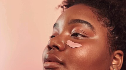 Close-up of a person with a pink adhesive patch on their nose highlighting their skin texture and makeup application.