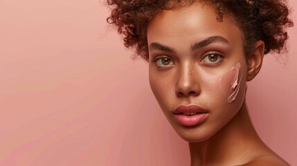 Obraz premium A young woman with curly hair wearing makeup looking directly at the camera with a soft expression against a pink background.