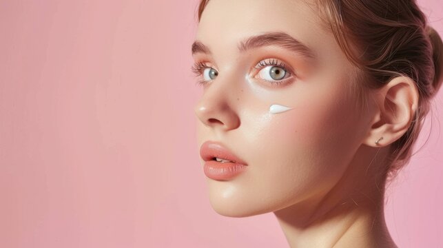 A close-up of a woman's face with a soft pink background highlighting her makeup including a white spot on her cheek and her natural beauty.