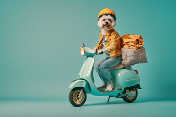 Cute dog posing in delivery man on motorcycle on color background.