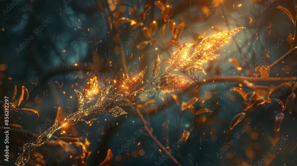 Poster fantastical scene with a branch adorned with leaves that are illuminated from within, as if by a gol