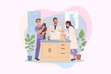 Veterinary office vector illustration. Happy friendly pets doctors examining cat and dog. Veterinarian specialists in clinic interior for domestic animals concept