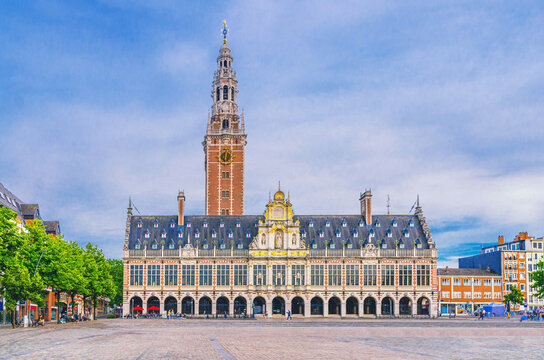 Tower and Central Library of the KU Leuven Katholieke Universiteit Leuven Catholic research university building in Leuven city historical center, Flemish Region, Flemish Brabant province, Belgium