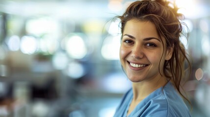 Fototapeta premium Smiling woman with brown hair wearing blue top standing in brightly lit room with blurred background.