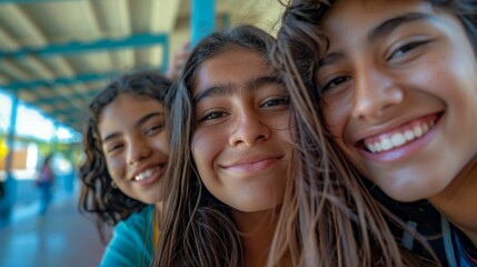 Obraz premium Three young girls with long hair smiling brightly posing together for a selfie under a blue structure with sunlight streaming through.