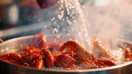 Pot of boiling water with multiple crayfish, also known as crawfish or lobsters, being cooked