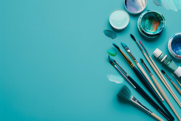 A set of art supplies including brushes, paints, and a palette, isolated on a solid teal background, highlighting creativity and art 