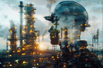 Double exposure of a worker and oil refinery. Industrial concept. Generative Ai