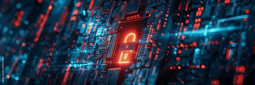 Poster Conceptual of advanced cybersecurity technology featuring a digital lock symbol and glowing futuristic circuit patterns in shades of red and blue.