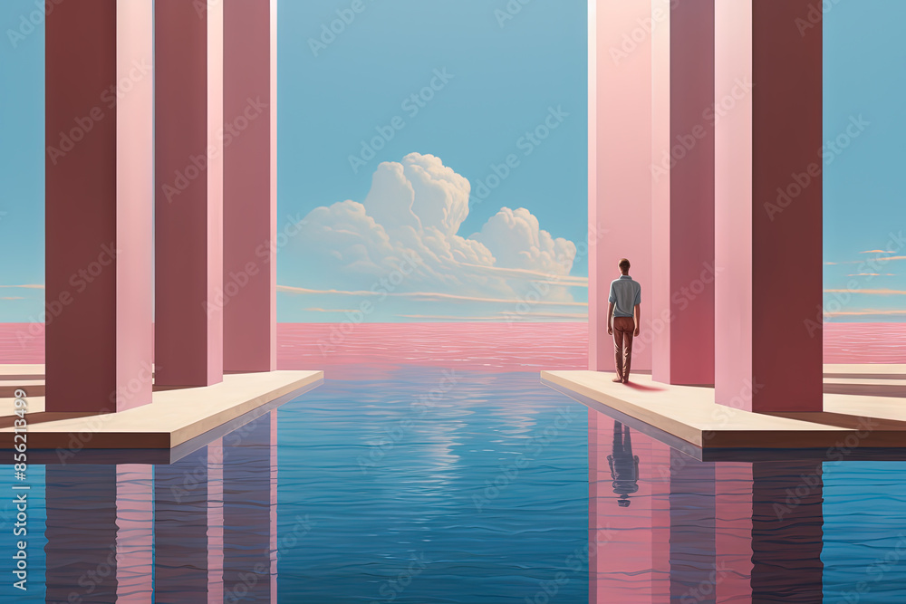 Poster surreal vaporwave landscape with abstract architecture elements on the water. dreamy landscape